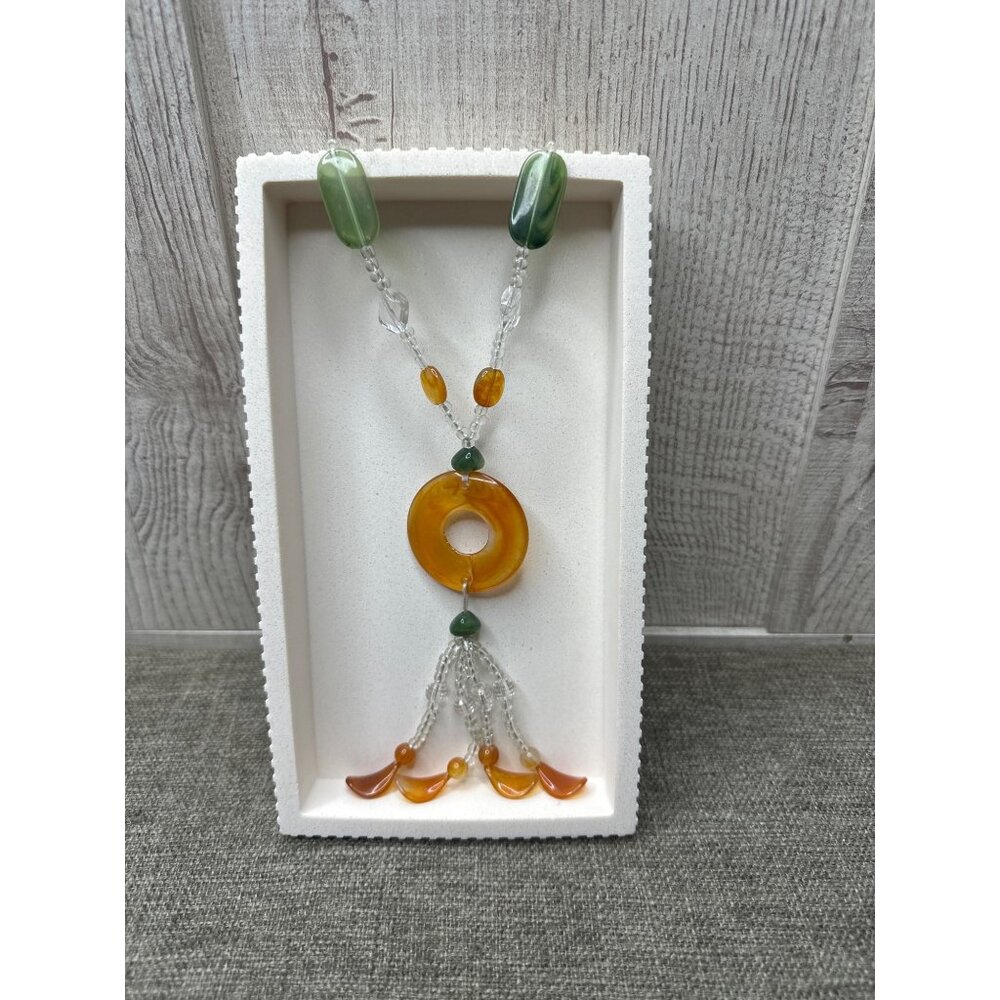Boho Glass Bead Necklace With Amber & Green Pendant Womens Fashion